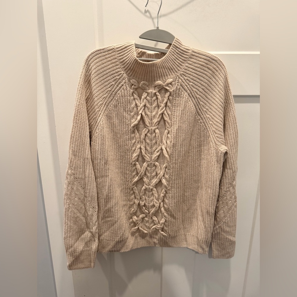 Leith Chunky Cable Knit Sweater Size L Oatmeal Ribbed Mock Neck Cozy